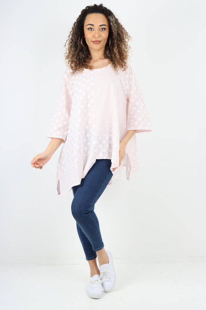 ITALIAN POLKA DOT PRINT ASYMMETRIC COTTON TUNIC TOP: PINK