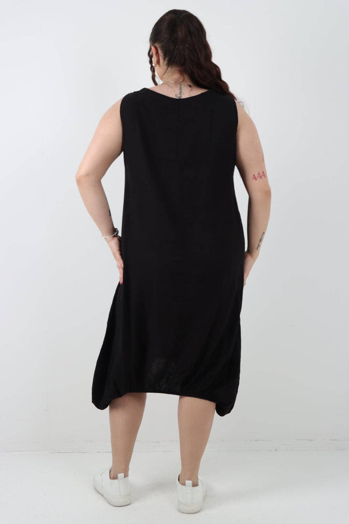 ITALIAN PLAIN BUTTON FRONT POCKETS LINEN VEST MIDI DRESS: OCEAN