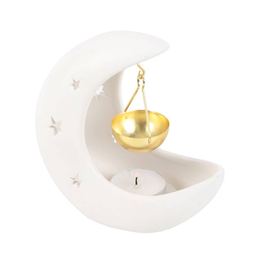 WHITE CRESCENT MOON OIL BURNER WITH METAL DISH