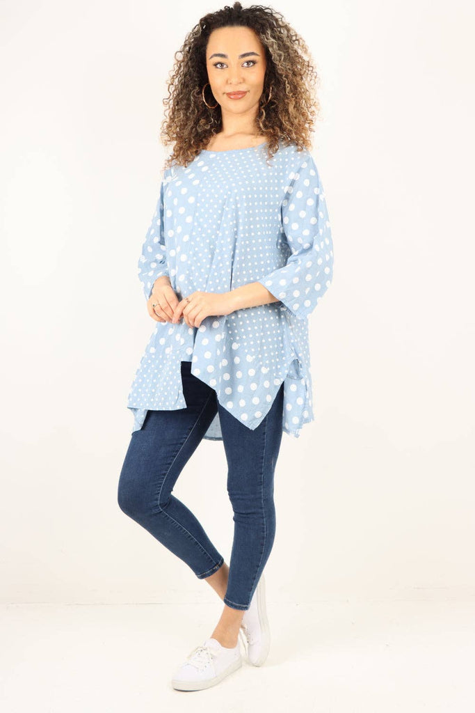 ITALIAN POLKA DOT PRINT ASYMMETRIC COTTON TUNIC TOP: GREY