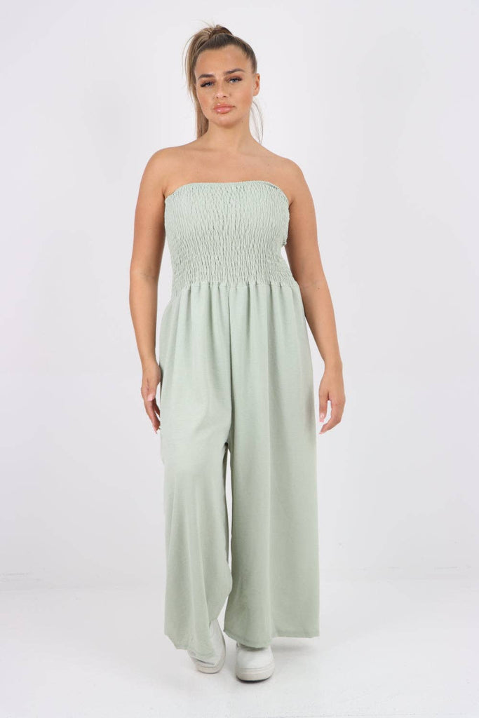 ITALIAN SHIRRED ELASTICATED WIDE LEG JUMPSUIT: BEIGE