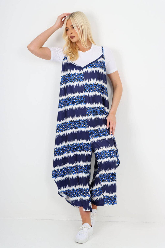 ITALIAN TIE DYE ANIMAL PRINT V NECK JUMPSUIT: BLUE