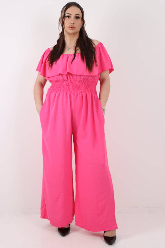 ITALIAN BARDOT OVERLAY SHIRRED ELASTICATED WAIST JUMPSUIT: BRIGHT PINK