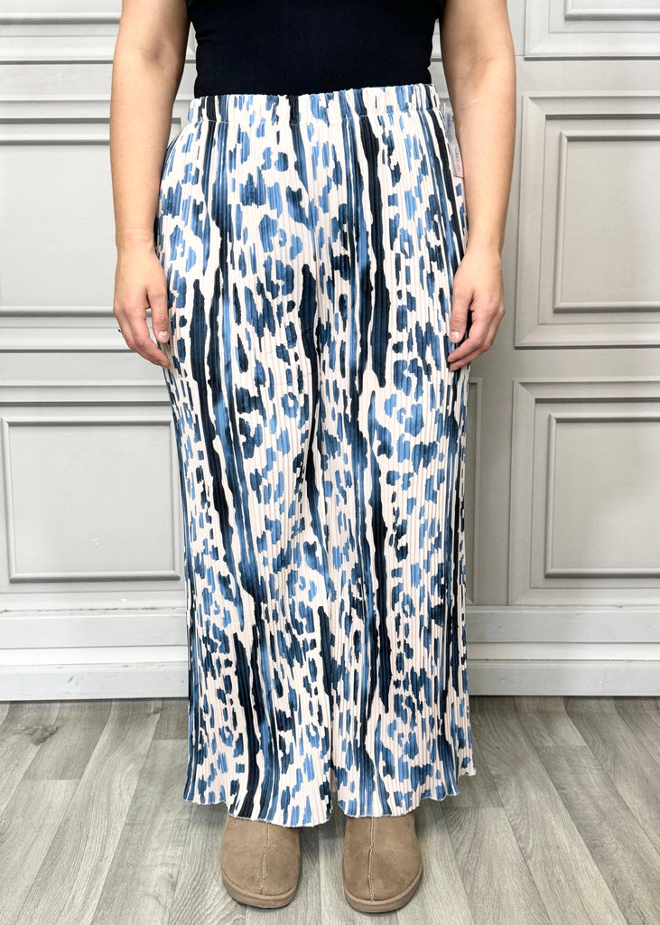 MULTI PRINT SUPER STRETCHY PLEATED PANTS : ROYAL BLUE & WHITE