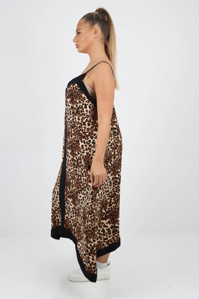 ITALIAN LEOPARD CAMI HANKY HEM MAXI DRESS: LEOPARD