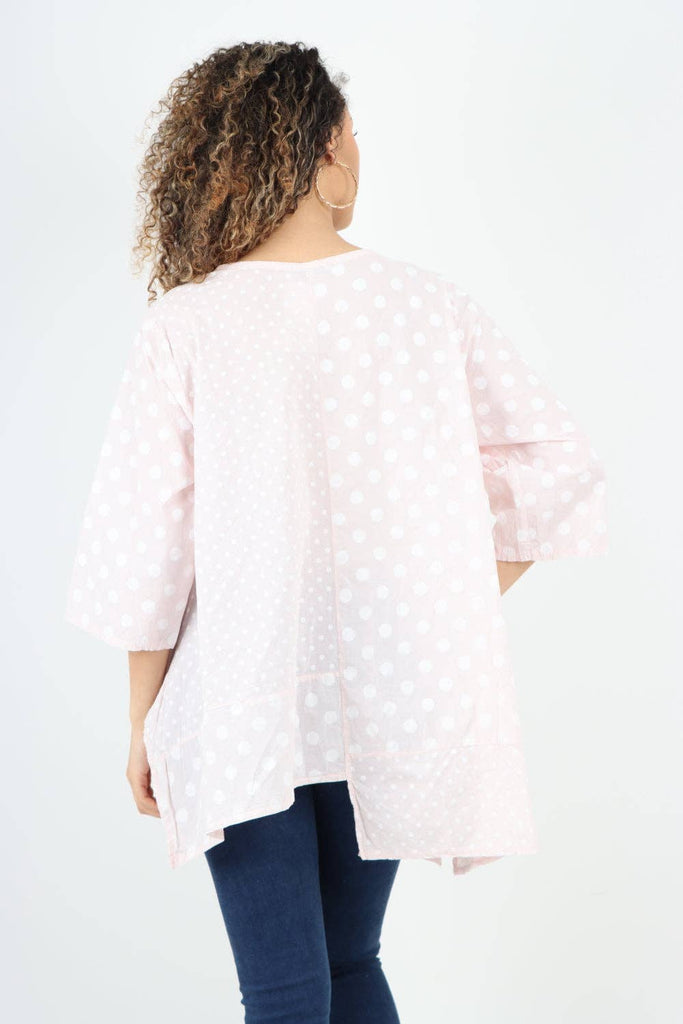 ITALIAN POLKA DOT PRINT ASYMMETRIC COTTON TUNIC TOP: GREY