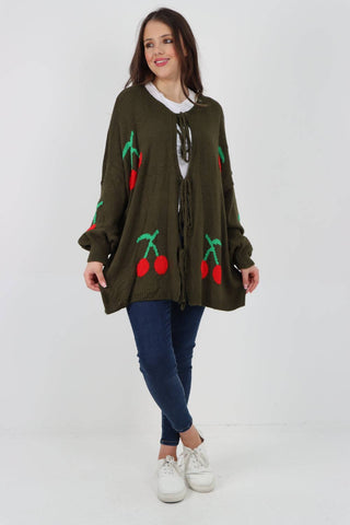 ITALIAN TRIPLE TIE FRONT CHERRY PRINT CARDIGAN: KHAKI