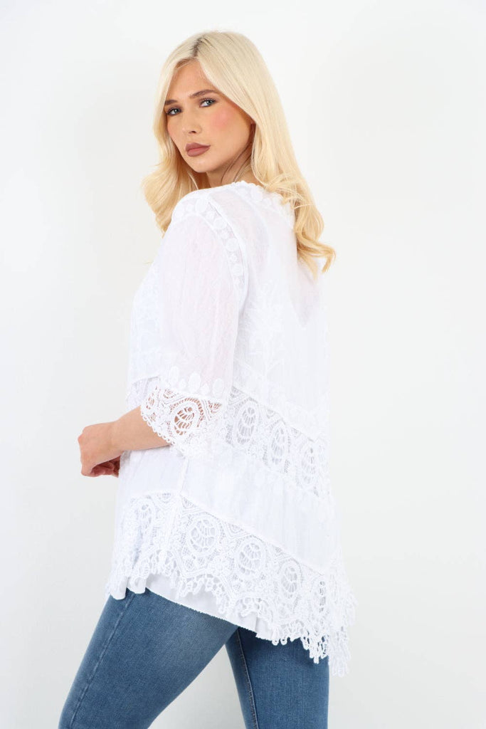 ITALIAN CROCHET LACE EMBROIDERED ASYMMETRICAL COTTON TOP: WHITE