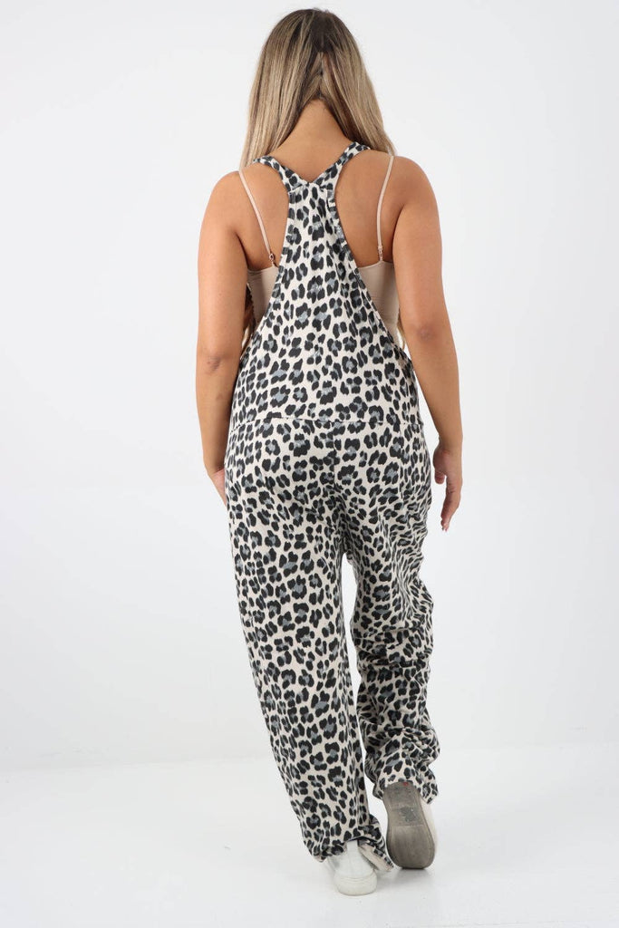 ITALIAN LEOPARD PRINT COTTON SLEEVELESS DUNGAREES: DENIM