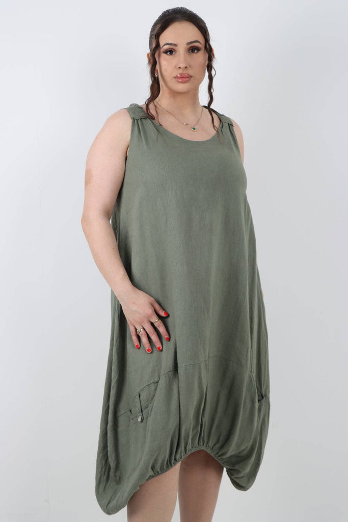 ITALIAN PLAIN BUTTON FRONT POCKETS LINEN VEST MIDI DRESS: DARK GREY