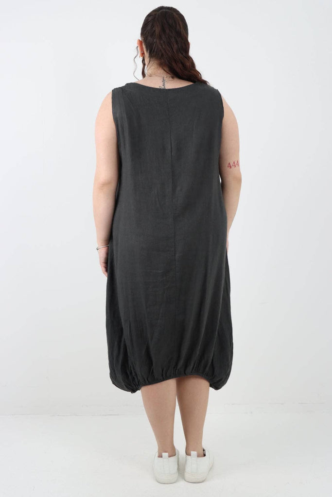 ITALIAN PLAIN BUTTON FRONT POCKETS LINEN VEST MIDI DRESS: DARK GREY