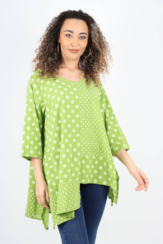 ITALIAN POLKA DOT PRINT ASYMMETRIC COTTON TUNIC TOP: GREY