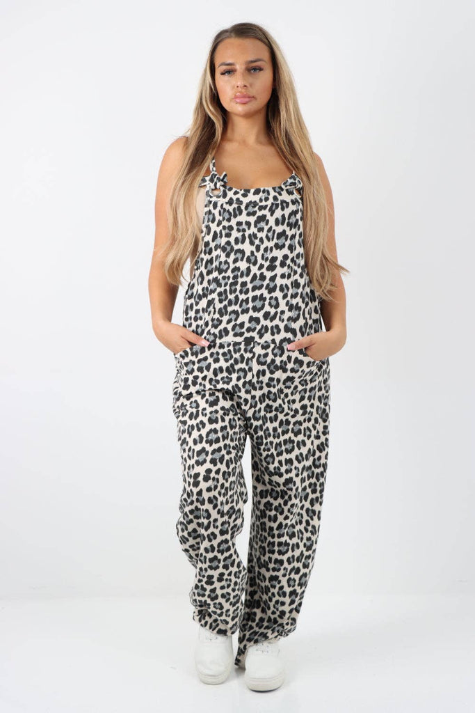 ITALIAN LEOPARD PRINT COTTON SLEEVELESS DUNGAREES: DENIM