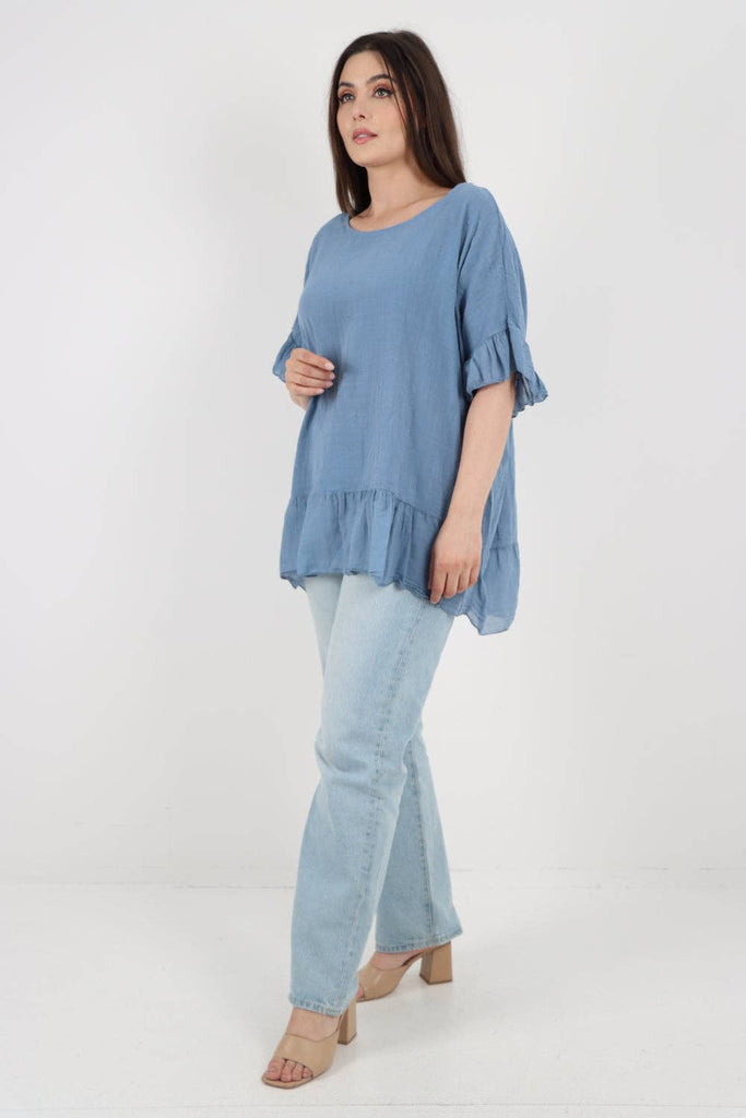 ITALIAN LAGENLOOK RUFFLE HEM COTTON TOP: DARK DENIM