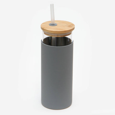 CHARCOAL GLASS CUP WITH STRAW