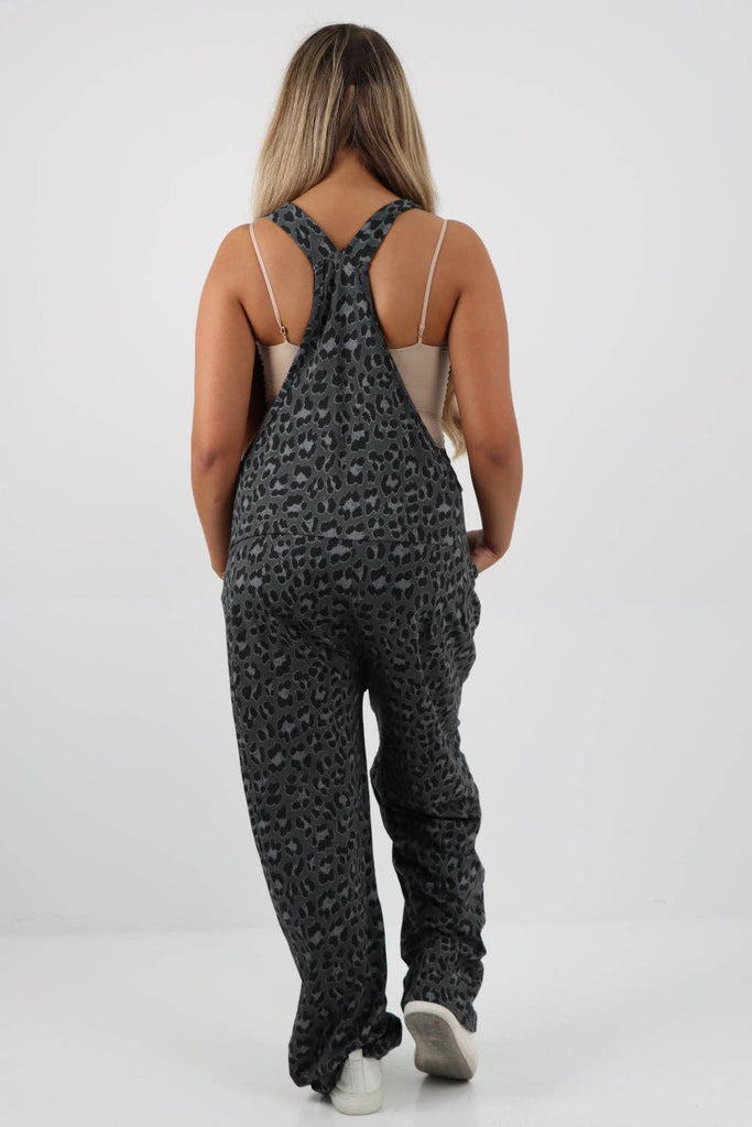 ITALIAN LEOPARD PRINT COTTON SLEEVELESS DUNGAREES: DENIM