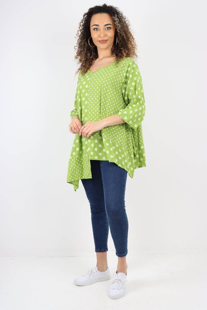 ITALIAN POLKA DOT PRINT ASYMMETRIC COTTON TUNIC TOP: PINK