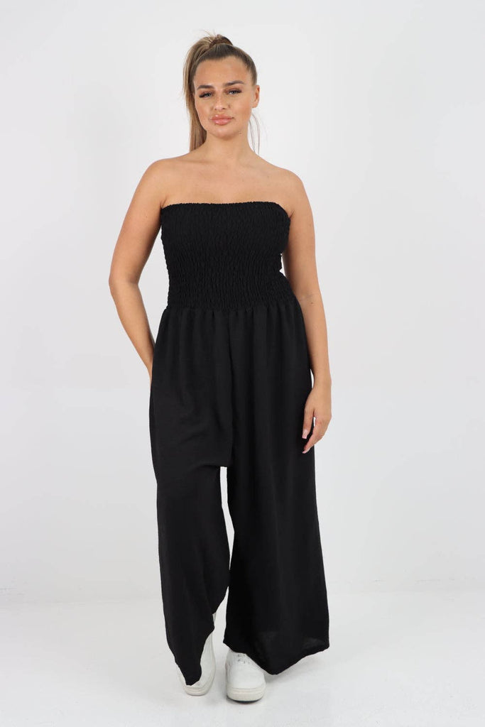 ITALIAN SHIRRED ELASTICATED WIDE LEG JUMPSUIT: BEIGE