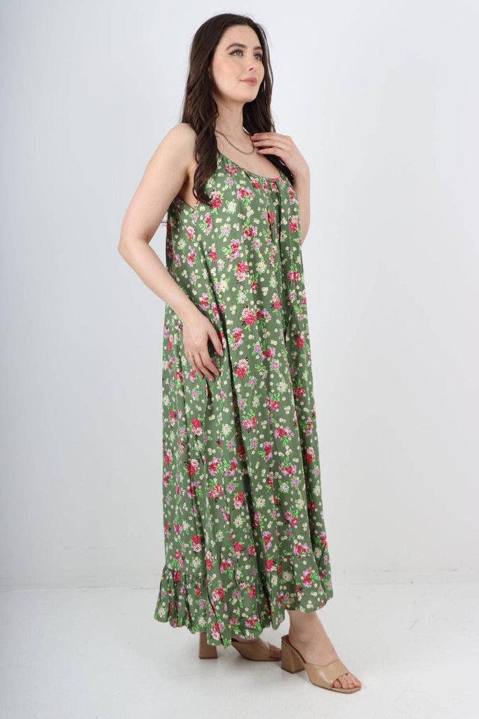 ITALIAN SMALL FLORAL PRINT  FRILL BOTTOM SLEEVELESS VEST SUN DRESS: APPLE GREEN