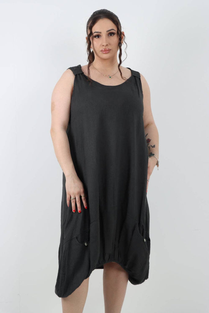 ITALIAN PLAIN BUTTON FRONT POCKETS LINEN VEST MIDI DRESS: DARK GREY