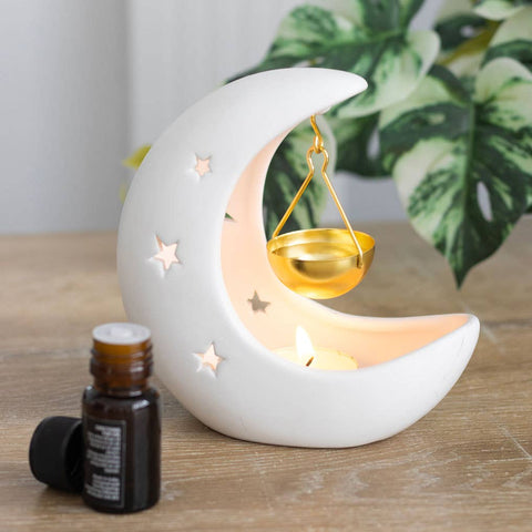 WHITE CRESCENT MOON OIL BURNER WITH METAL DISH