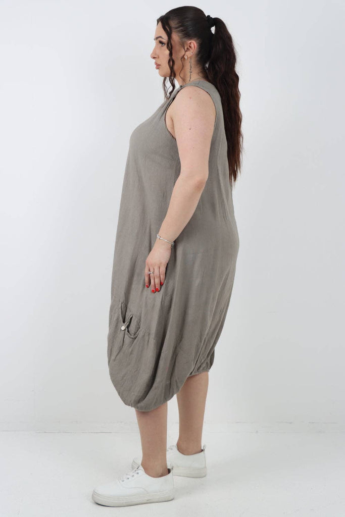 ITALIAN PLAIN BUTTON FRONT POCKETS LINEN VEST MIDI DRESS: DARK GREY