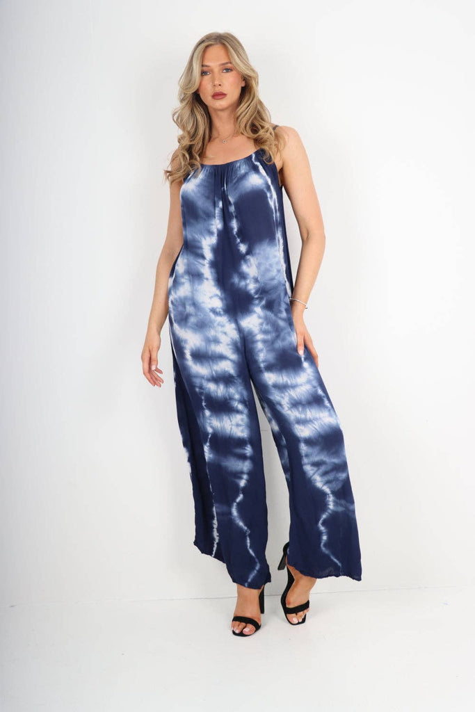 ITALIAN TIE DYE PRINT JUMPSUITS: ROYAL BLUE / ONE SIZE TO FIT UK 8-18