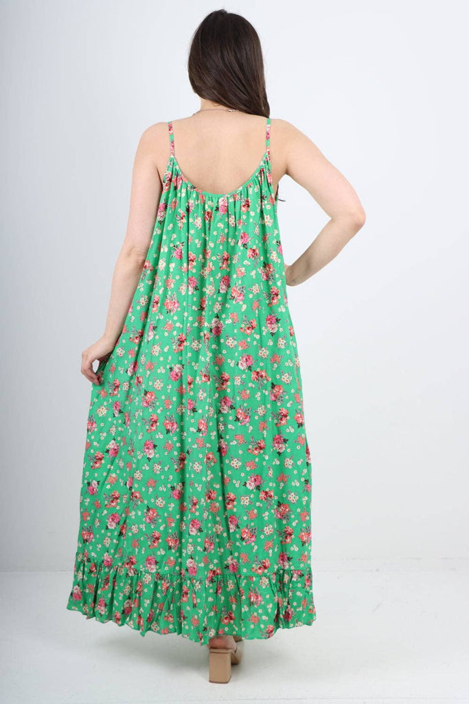 ITALIAN SMALL FLORAL PRINT  FRILL BOTTOM SLEEVELESS VEST SUN DRESS: APPLE GREEN