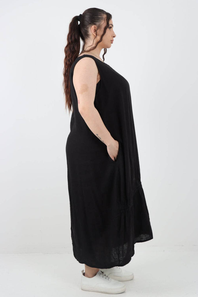 ITALIAN OVERSIZED BLEND PULL TIE COCOON SLEEVELESS DRESS: BLACK