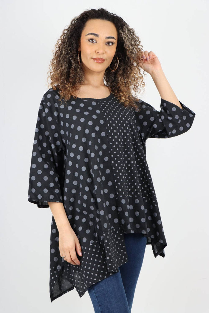 ITALIAN POLKA DOT PRINT ASYMMETRIC COTTON TUNIC TOP: GREY