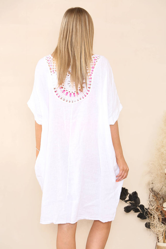 EMBROIDERED BACK LINEN SUMMER DRESS: BLACK