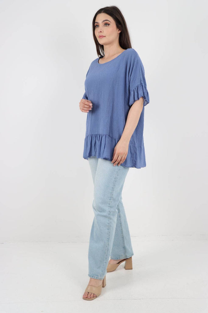 ITALIAN LAGENLOOK RUFFLE HEM COTTON TOP: DARK DENIM