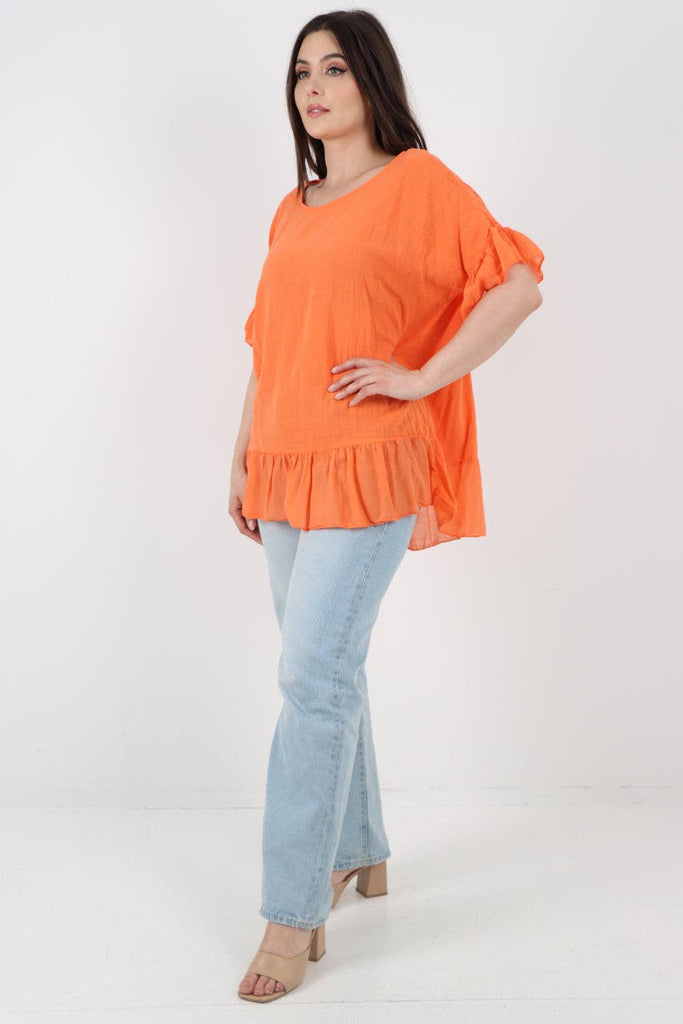 ITALIAN LAGENLOOK RUFFLE HEM COTTON TOP: DARK DENIM