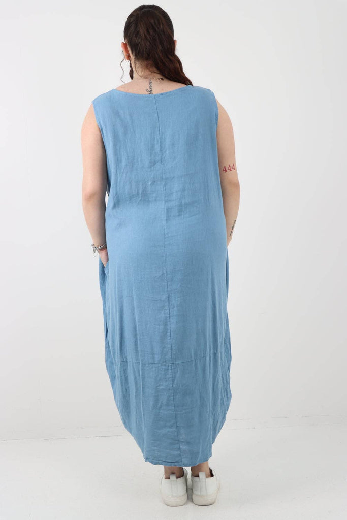 ITALIAN OVERSIZED BLEND PULL TIE COCOON SLEEVELESS DRESS: NAVY