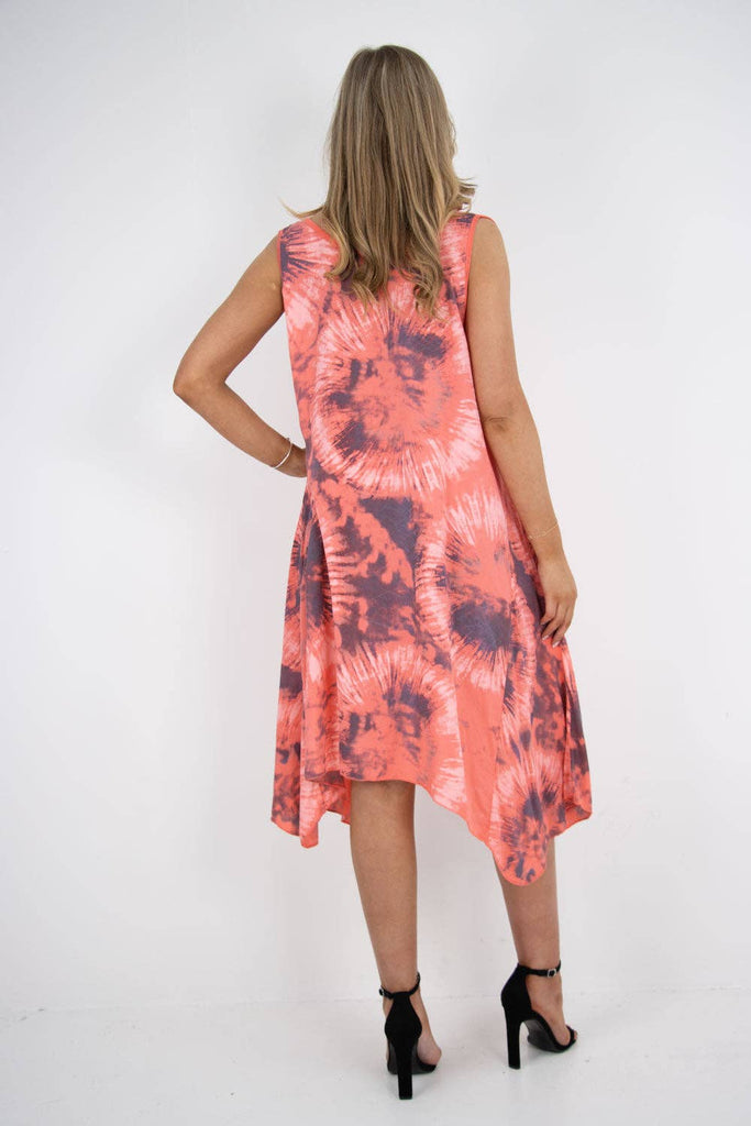 ITALIAN CIRCLE TIE DYE HANKY HEM VEST DRESS: CORAL / ONE SIZE TO FIT UK 8-18