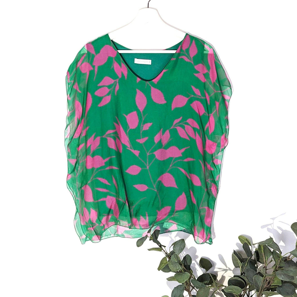 BOXY SILK TOP WITH CONTRAST DIGITAL LEAF PRINT