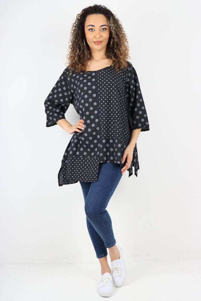 ITALIAN POLKA DOT PRINT ASYMMETRIC COTTON TUNIC TOP: GREY