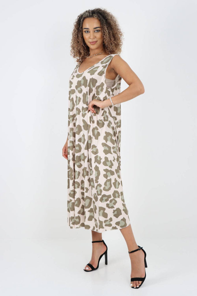 ITALIAN ANIMAL PRINTED SLEEVELESS VEST MIDI DRESS: KHAKI / ONE SIZE TO FIT UK 8-16