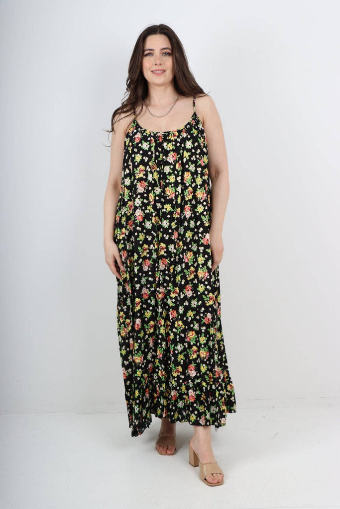 ITALIAN SMALL FLORAL PRINT  FRILL BOTTOM SLEEVELESS VEST SUN DRESS: APPLE GREEN