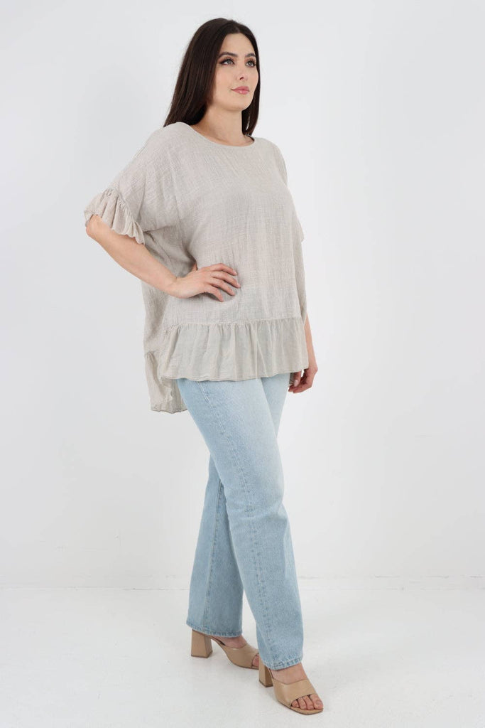 ITALIAN LAGENLOOK RUFFLE HEM COTTON TOP: DARK DENIM