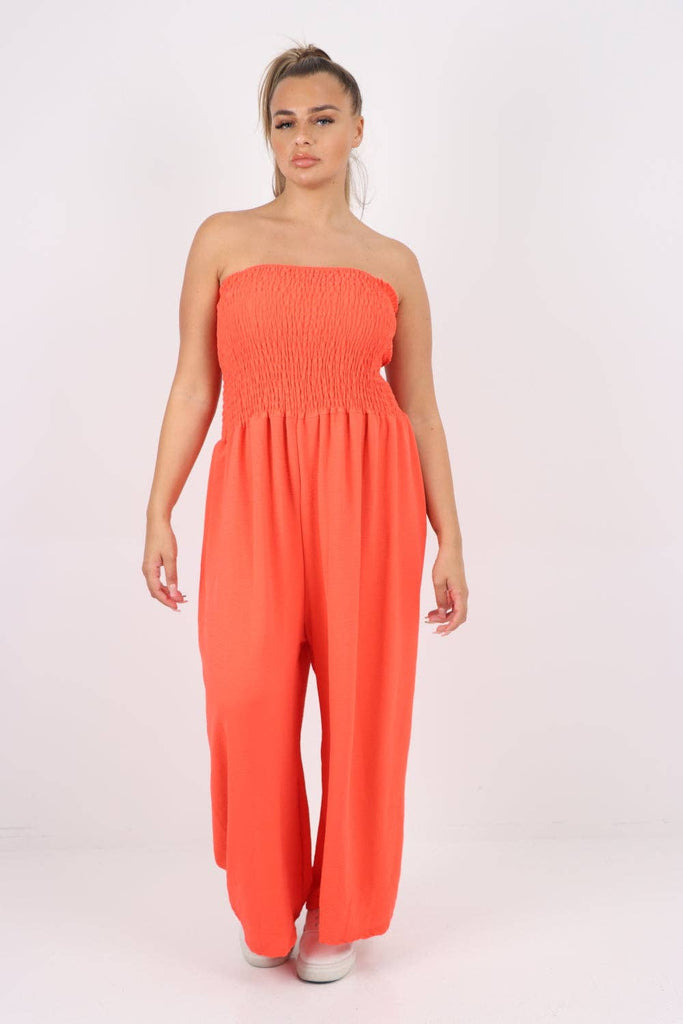 ITALIAN SHIRRED ELASTICATED WIDE LEG JUMPSUIT: BEIGE