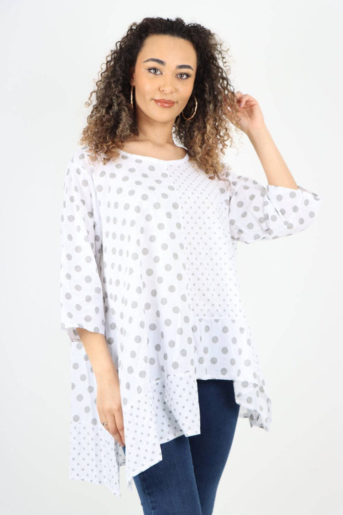 ITALIAN POLKA DOT PRINT ASYMMETRIC COTTON TUNIC TOP: GREY