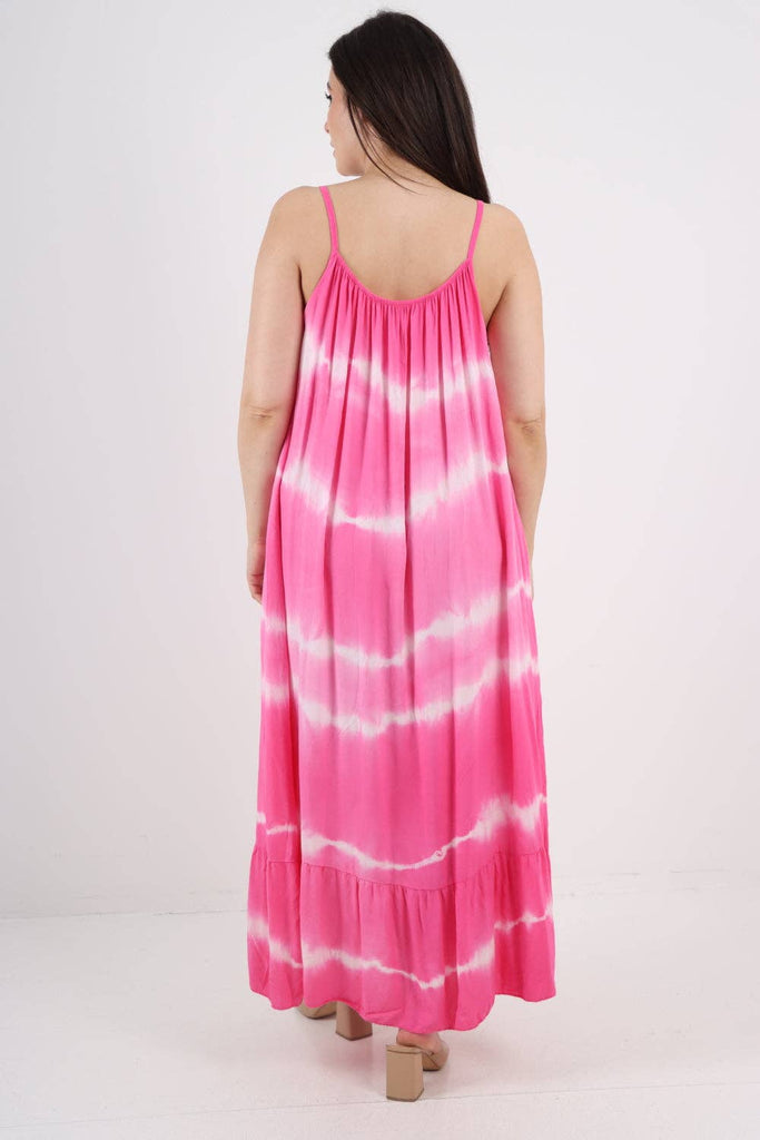 ITALIAN TIE DYE PRINT RUFFLE HEM SUN DRESS: CORAL