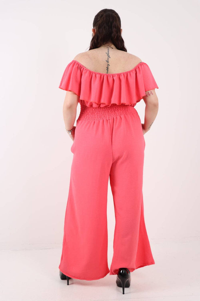 ITALIAN BARDOT OVERLAY SHIRRED ELASTICATED WAIST JUMPSUIT: BRIGHT PINK