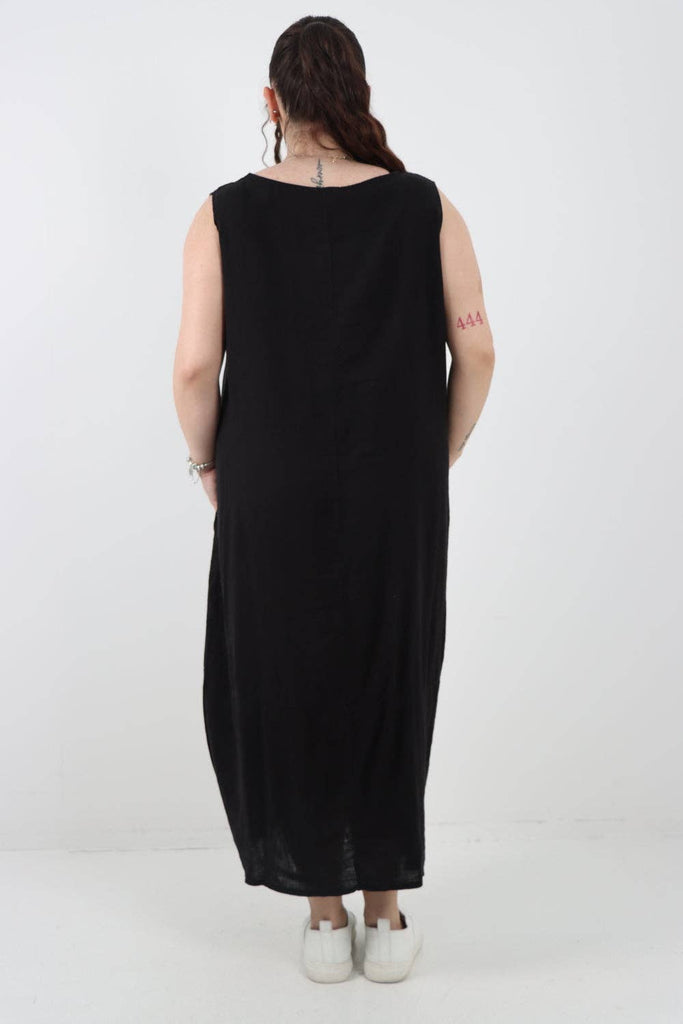 ITALIAN OVERSIZED BLEND PULL TIE COCOON SLEEVELESS DRESS: NAVY