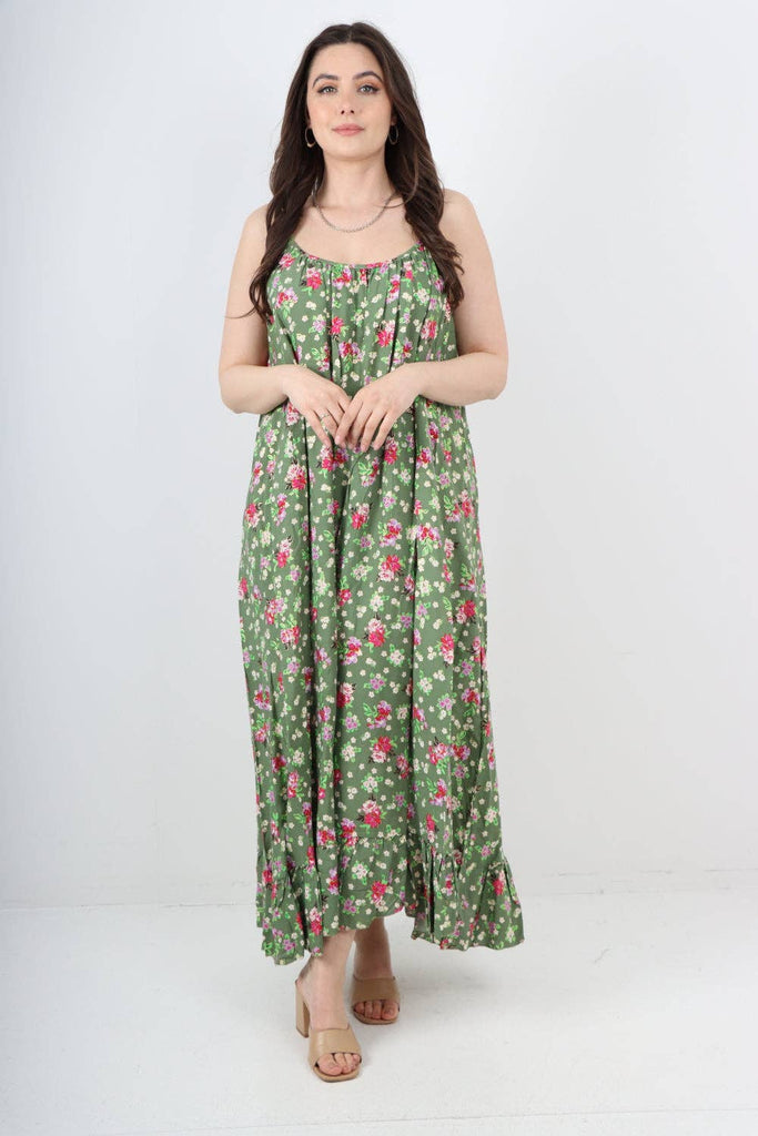 ITALIAN SMALL FLORAL PRINT  FRILL BOTTOM SLEEVELESS VEST SUN DRESS: APPLE GREEN