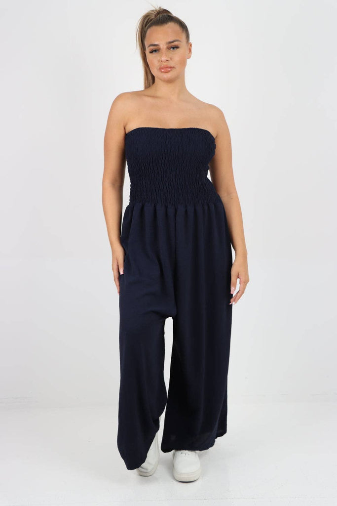 ITALIAN SHIRRED ELASTICATED WIDE LEG JUMPSUIT: BEIGE