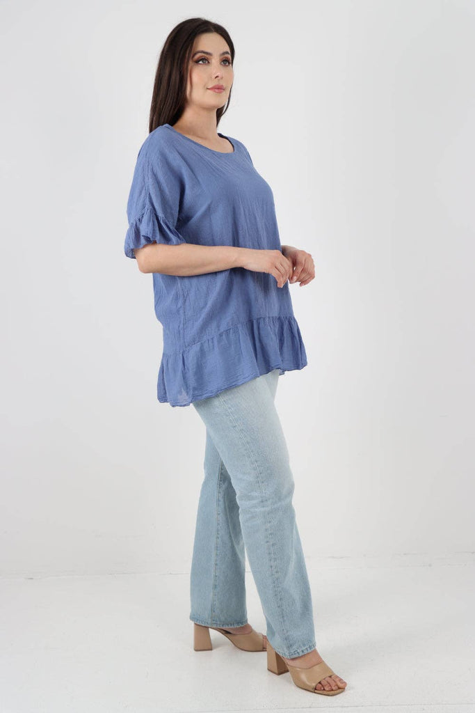 ITALIAN LAGENLOOK RUFFLE HEM COTTON TOP: DARK DENIM