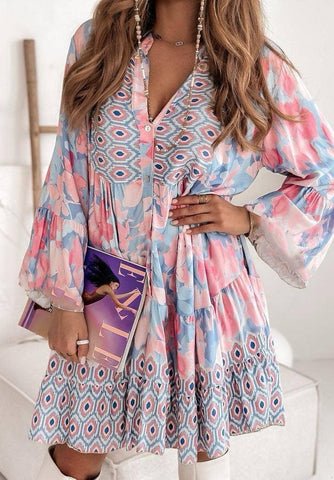 PASTEL PINK AND SKY BLUE PRINT SMOCK TUNIC DRESS