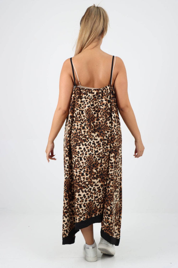 ITALIAN LEOPARD CAMI HANKY HEM MAXI DRESS: LEOPARD